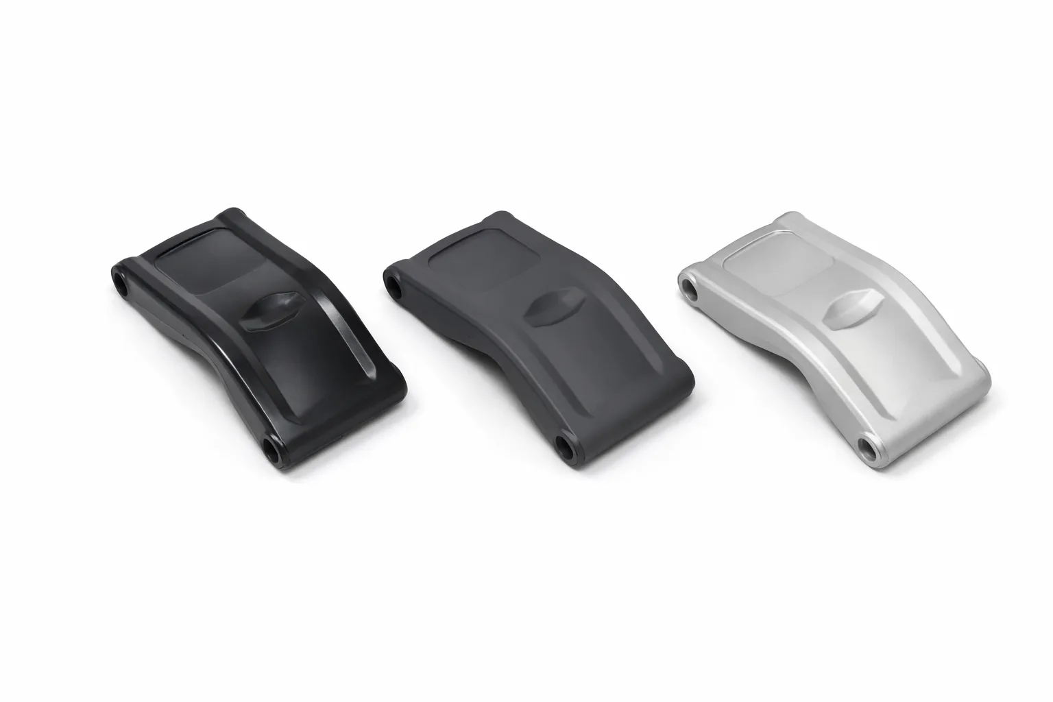 Matching aluminum castings showing semi-gloss black, low-gloss charcoal and silver finishes