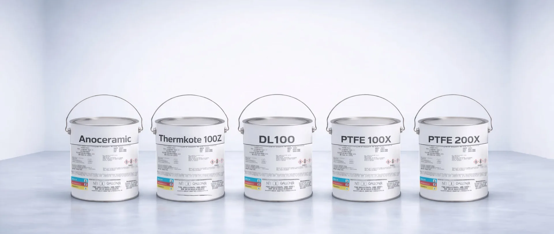 Slickote coating collection: AnoCeramic, ThermKote 100Z, DL 100, PTFE 100X and PTFE 200X cans arranged together