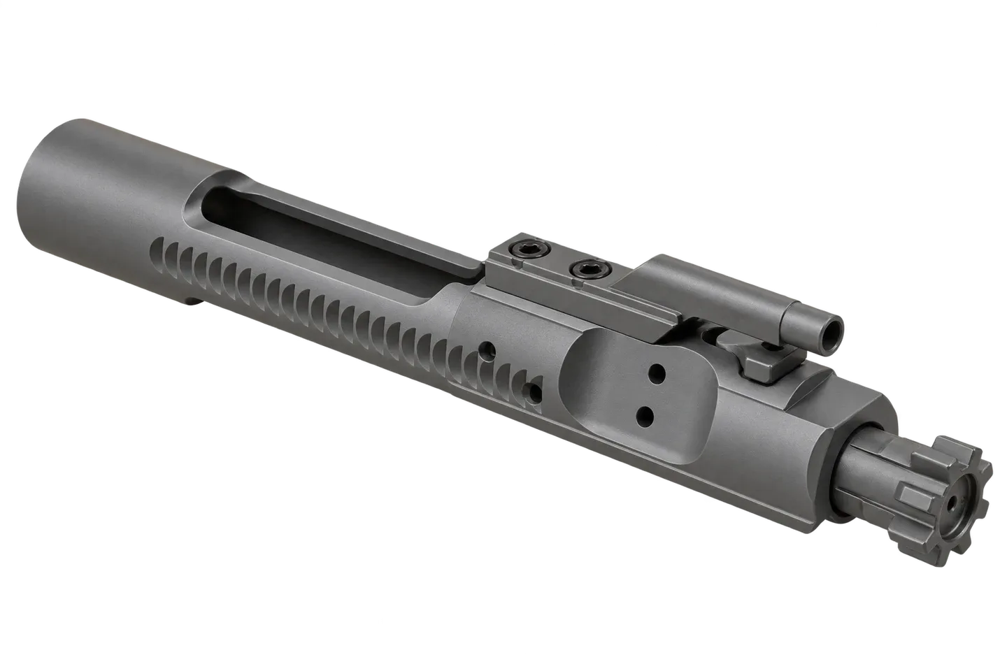 Grey dry-film finish on the exterior of an armament bolt carrier assembly — illustrative DL 100 application