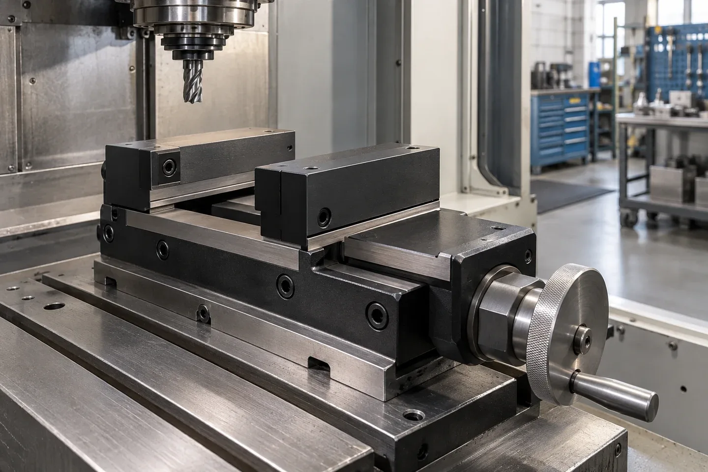 Coated workholding vise and sliding guide in an industrial machining station — illustrative application